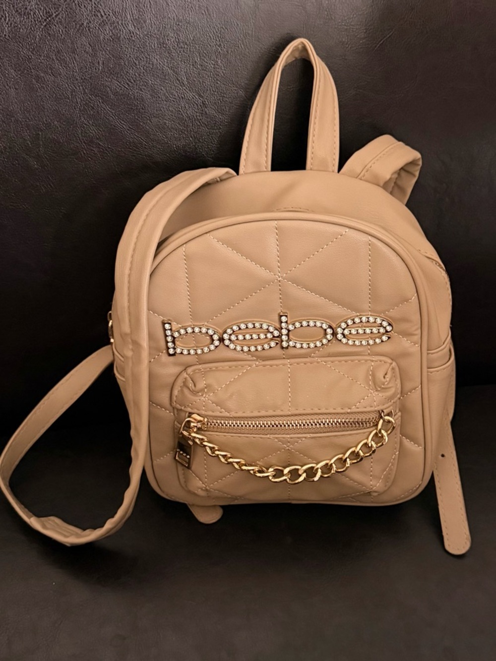 bebe Quilted Mini Backpack in Taupe with Gold Accents